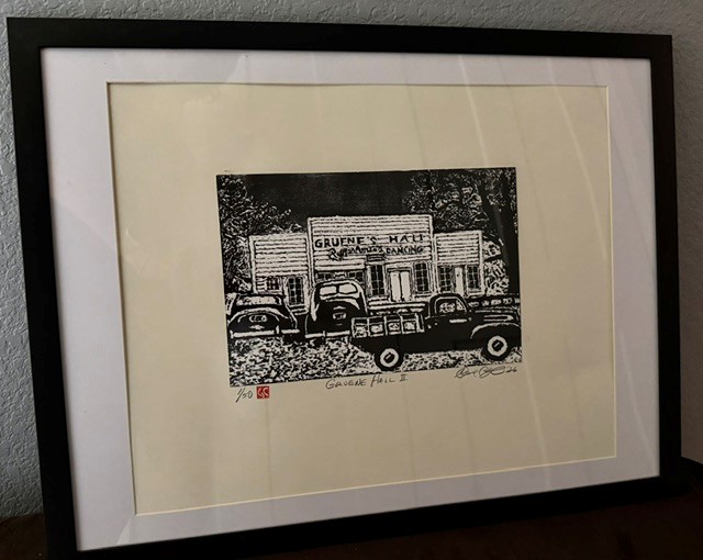Relief Engraving of Gruene's Hall by Gerald Clough